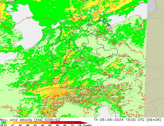 Max. wind velocity ICON-D2 Qui 06.06.2024 15 UTC