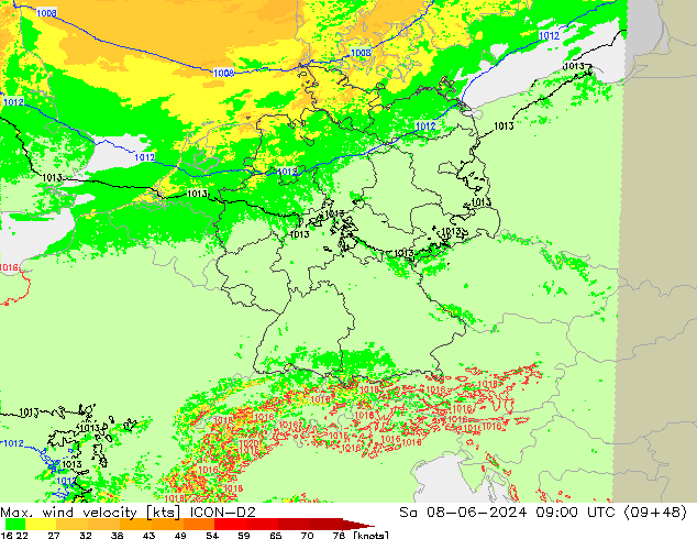 Max. wind velocity ICON-D2 Sáb 08.06.2024 09 UTC