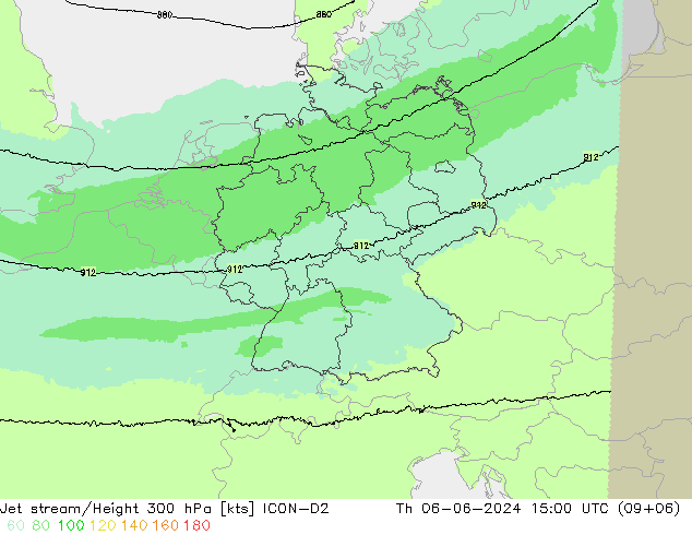 Jet stream/Height 300 hPa ICON-D2 Th 06.06.2024 15 UTC