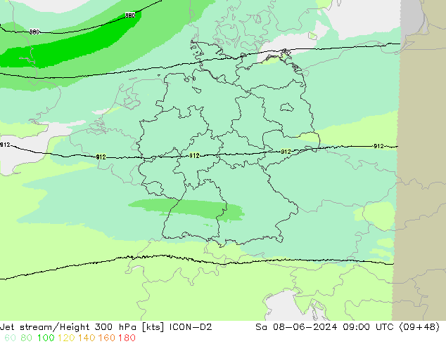 Jet stream/Height 300 hPa ICON-D2 Sa 08.06.2024 09 UTC