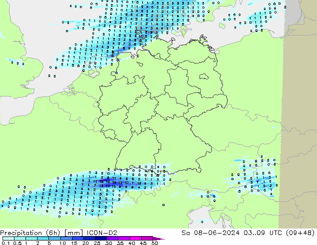 Totale neerslag (6h) ICON-D2 za 08.06.2024 09 UTC