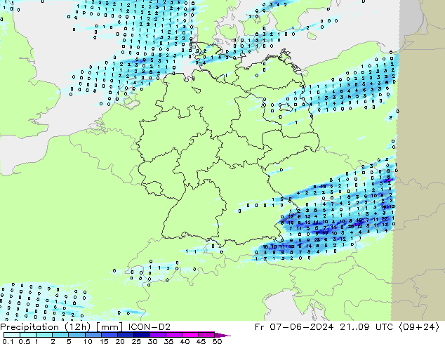 Precipitation (12h) ICON-D2 Fr 07.06.2024 09 UTC