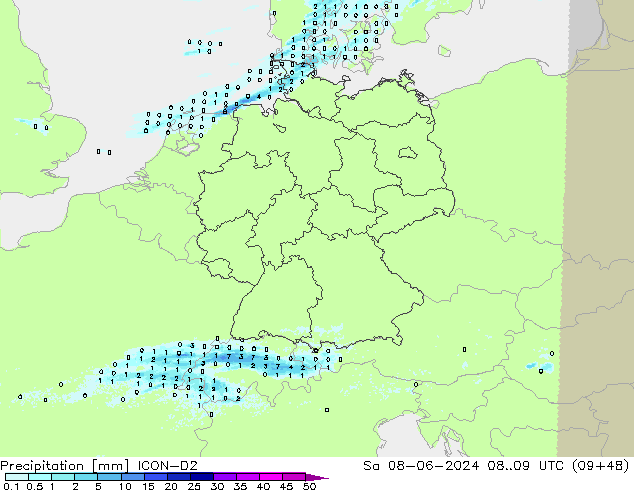Precipitazione ICON-D2 sab 08.06.2024 09 UTC