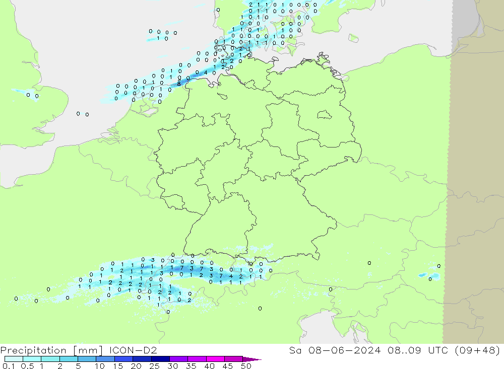 Precipitation ICON-D2 Sa 08.06.2024 09 UTC