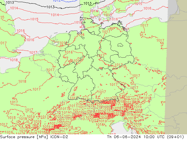 Pressione al suolo ICON-D2 gio 06.06.2024 10 UTC