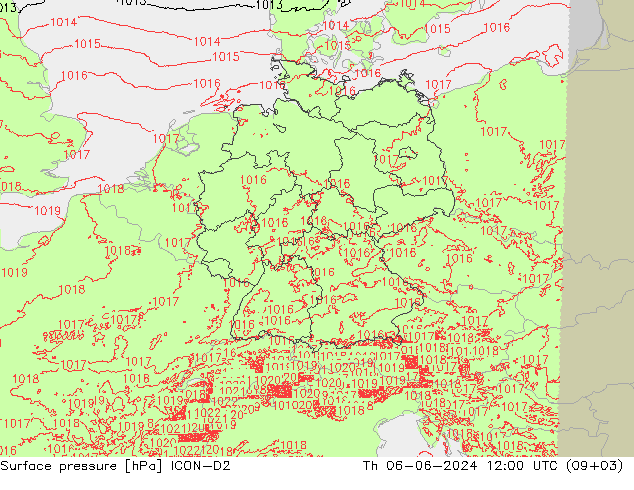 Atmosférický tlak ICON-D2 Čt 06.06.2024 12 UTC