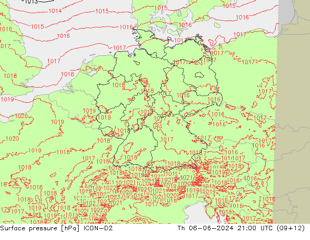 Atmosférický tlak ICON-D2 Čt 06.06.2024 21 UTC