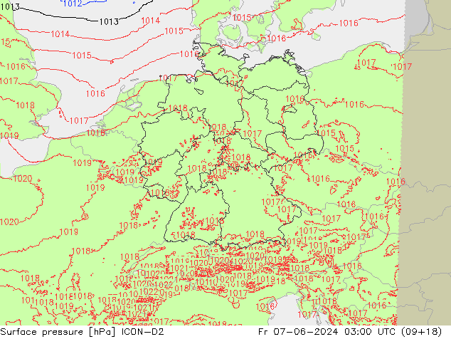 pressão do solo ICON-D2 Sex 07.06.2024 03 UTC