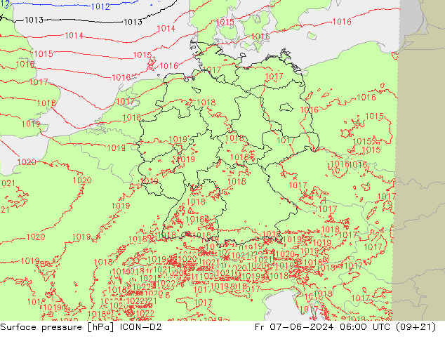 Atmosférický tlak ICON-D2 Pá 07.06.2024 06 UTC