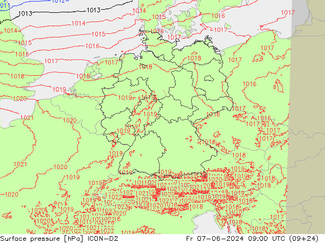 Surface pressure ICON-D2 Fr 07.06.2024 09 UTC