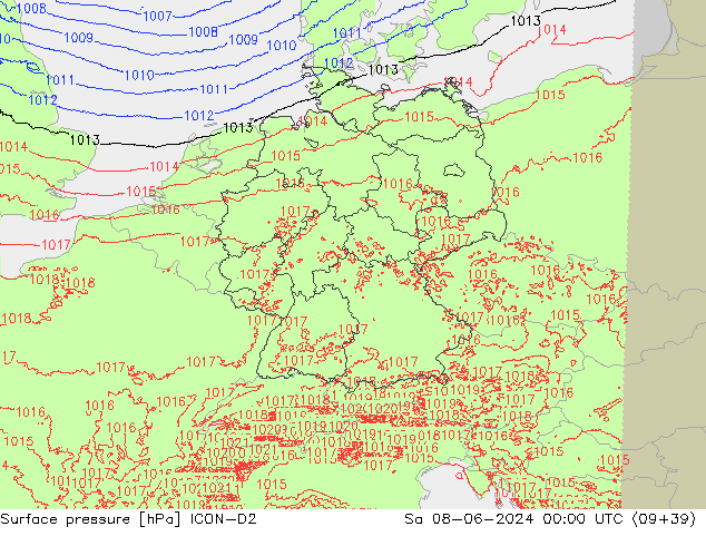Pressione al suolo ICON-D2 sab 08.06.2024 00 UTC