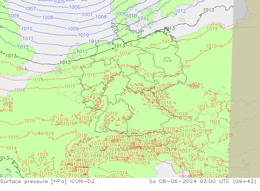 Surface pressure ICON-D2 Sa 08.06.2024 03 UTC