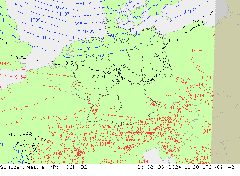 Surface pressure ICON-D2 Sa 08.06.2024 09 UTC