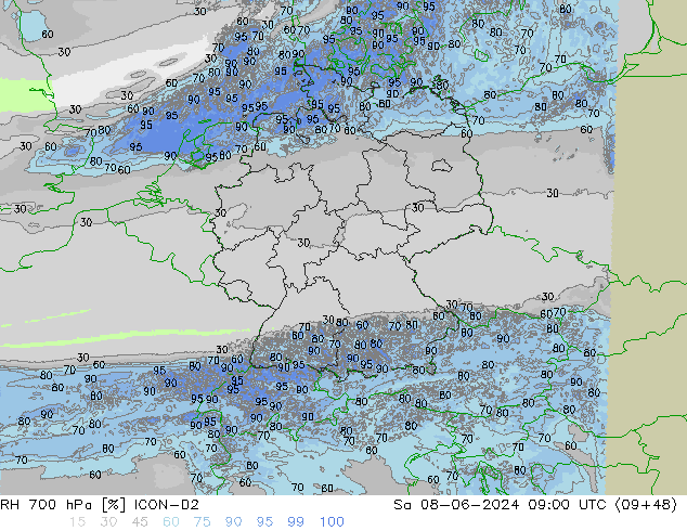 Humedad rel. 700hPa ICON-D2 sáb 08.06.2024 09 UTC