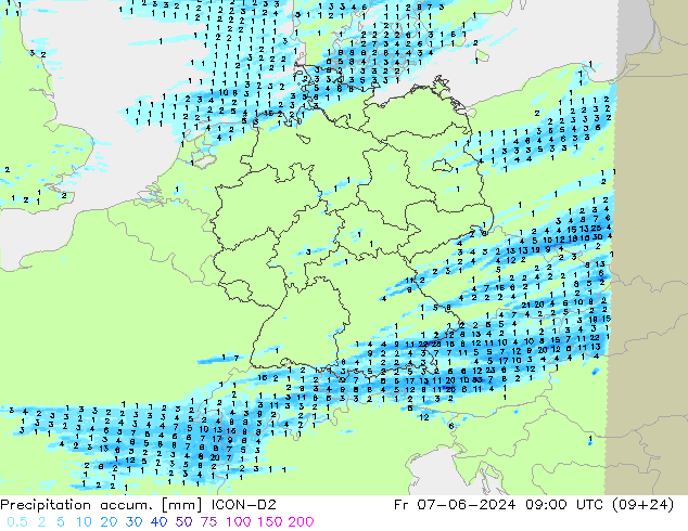 Precipitación acum. ICON-D2 vie 07.06.2024 09 UTC