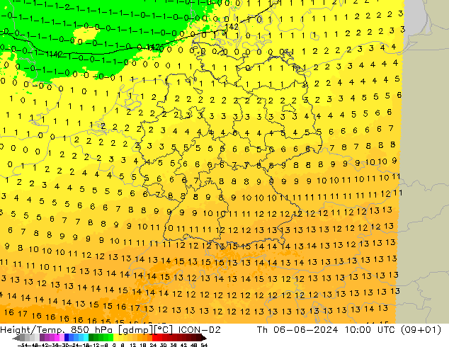 Yükseklik/Sıc. 850 hPa ICON-D2 Per 06.06.2024 10 UTC