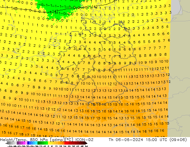 Height/Temp. 850 hPa ICON-D2 Do 06.06.2024 15 UTC