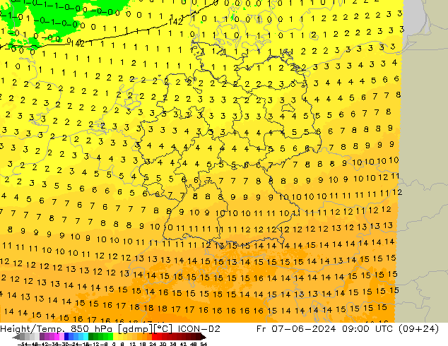 Height/Temp. 850 гПа ICON-D2 пт 07.06.2024 09 UTC