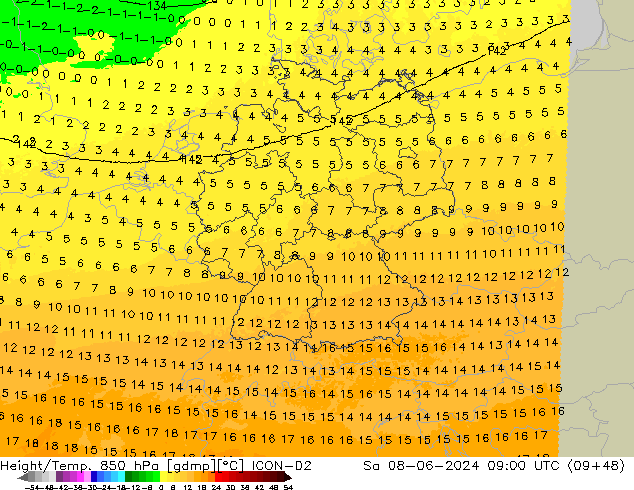 Height/Temp. 850 hPa ICON-D2 Sa 08.06.2024 09 UTC