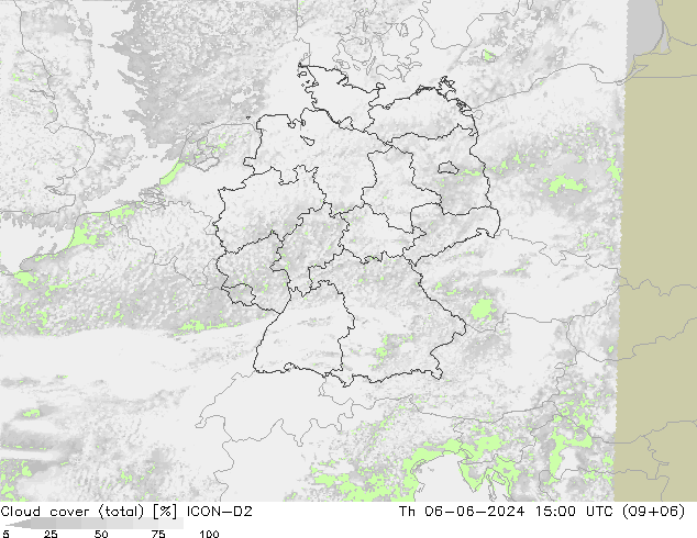 Cloud cover (total) ICON-D2 Th 06.06.2024 15 UTC