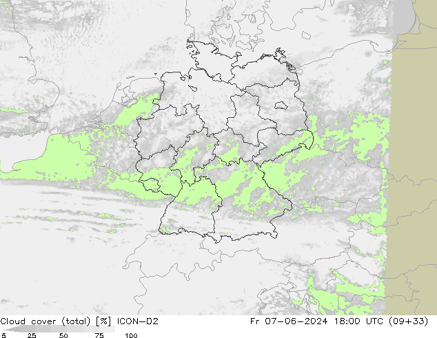 Cloud cover (total) ICON-D2 Fr 07.06.2024 18 UTC