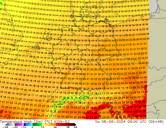 Temperature High (2m) ICON-D2 Sa 08.06.2024 09 UTC