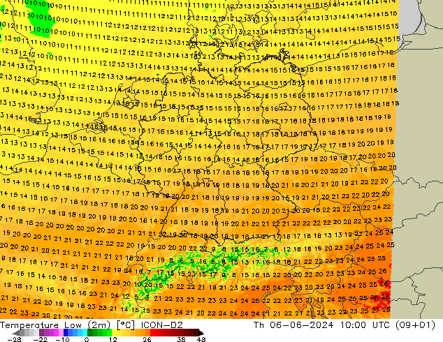 Tiefstwerte (2m) ICON-D2 Do 06.06.2024 10 UTC