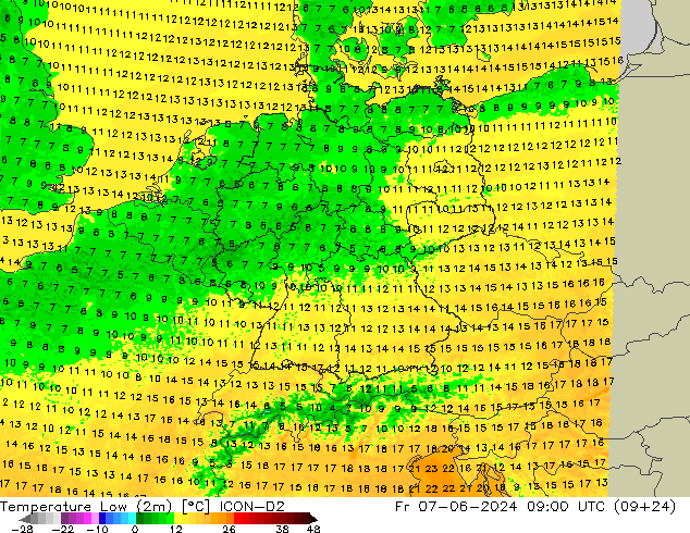 Темпер. мин. (2т) ICON-D2 пт 07.06.2024 09 UTC