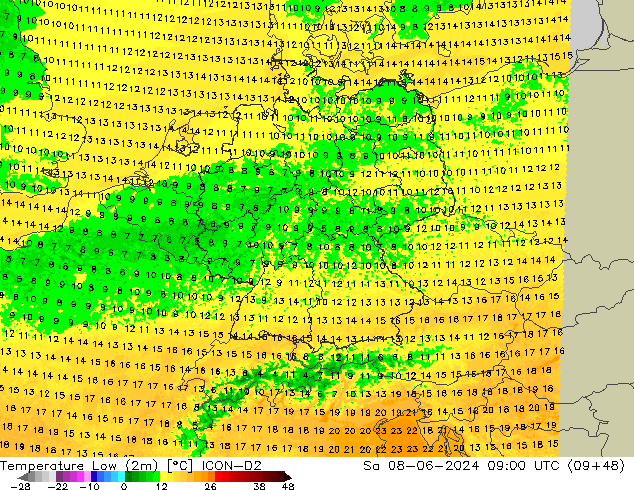 temperatura mín. (2m) ICON-D2 Sáb 08.06.2024 09 UTC