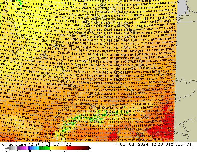 mapa temperatury (2m) ICON-D2 czw. 06.06.2024 10 UTC