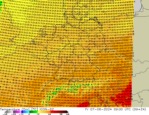 Temperatura (2m) ICON-D2 vie 07.06.2024 09 UTC