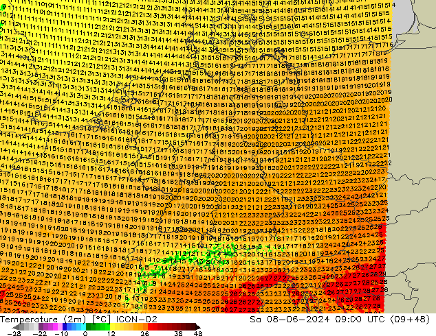 карта температуры ICON-D2 сб 08.06.2024 09 UTC