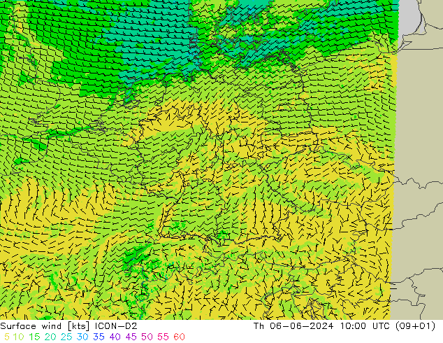 Rüzgar 10 m ICON-D2 Per 06.06.2024 10 UTC