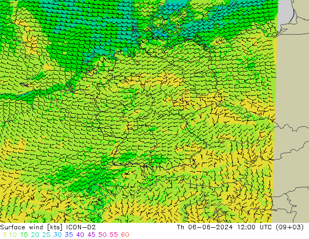 Surface wind ICON-D2 Th 06.06.2024 12 UTC