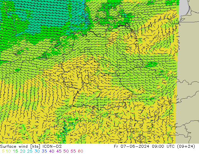 Surface wind ICON-D2 Fr 07.06.2024 09 UTC