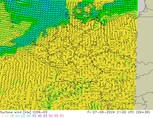 Surface wind ICON-D2 Pá 07.06.2024 21 UTC