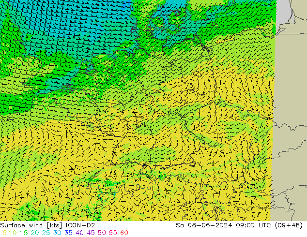 Viento 10 m ICON-D2 sáb 08.06.2024 09 UTC