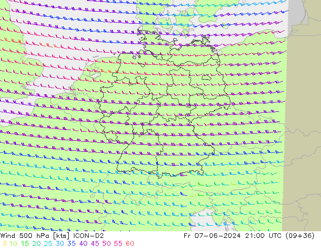 wiatr 500 hPa ICON-D2 pt. 07.06.2024 21 UTC