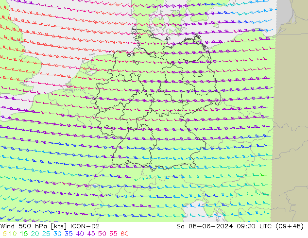 Rüzgar 500 hPa ICON-D2 Cts 08.06.2024 09 UTC