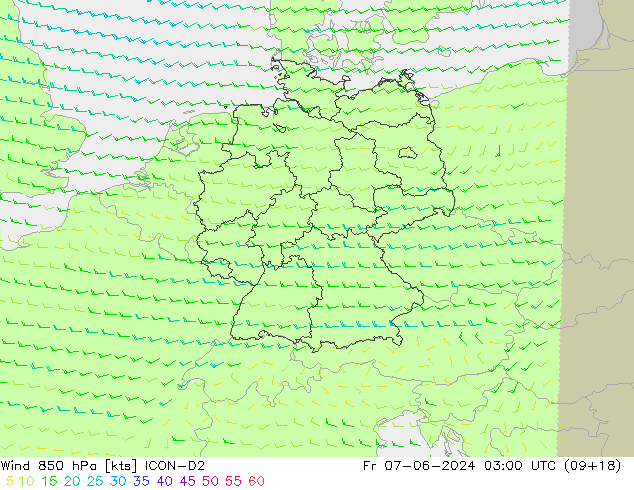 Vent 850 hPa ICON-D2 ven 07.06.2024 03 UTC