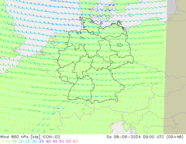 Wind 850 hPa ICON-D2 za 08.06.2024 09 UTC