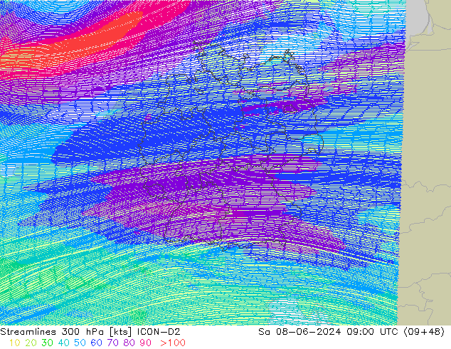 Streamlines 300 hPa ICON-D2 Sa 08.06.2024 09 UTC