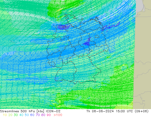 Linha de corrente 500 hPa ICON-D2 Qui 06.06.2024 15 UTC