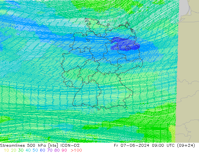 ветер 500 гПа ICON-D2 пт 07.06.2024 09 UTC