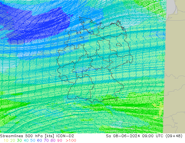 Streamlines 500 hPa ICON-D2 Sa 08.06.2024 09 UTC
