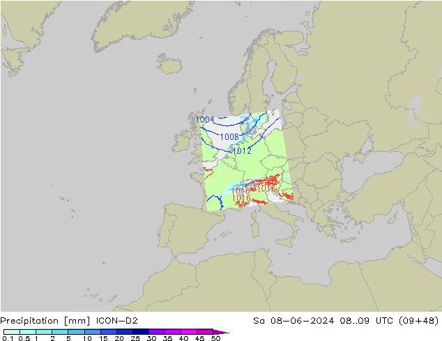 Precipitazione ICON-D2 sab 08.06.2024 09 UTC