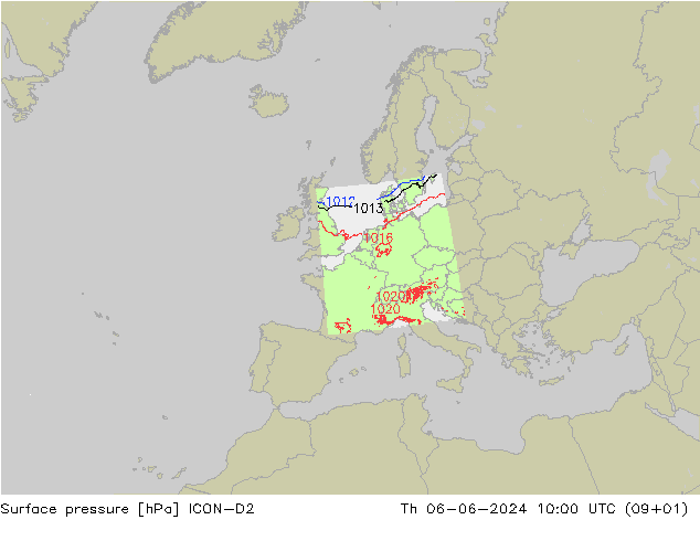 Surface pressure ICON-D2 Th 06.06.2024 10 UTC