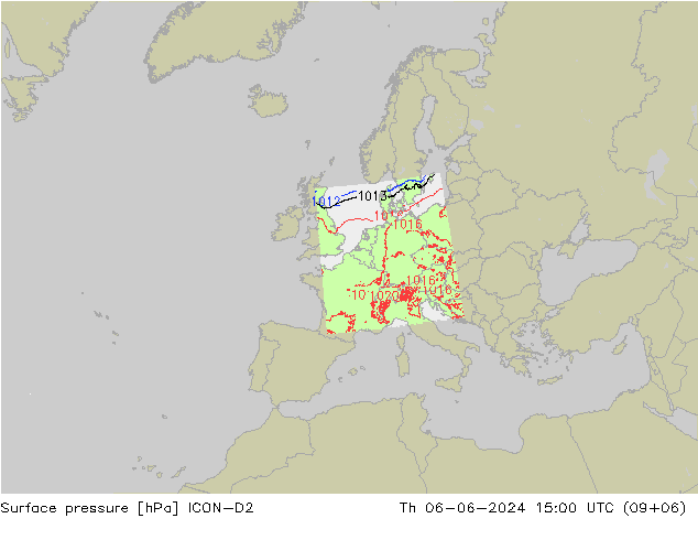 Pressione al suolo ICON-D2 gio 06.06.2024 15 UTC