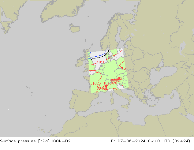 Presión superficial ICON-D2 vie 07.06.2024 09 UTC