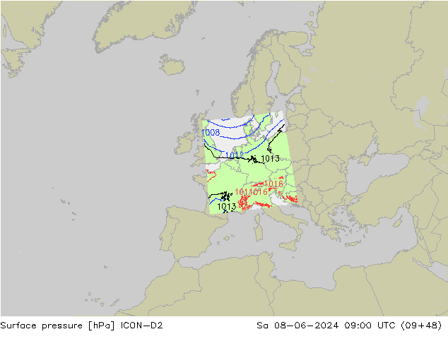 Pressione al suolo ICON-D2 sab 08.06.2024 09 UTC